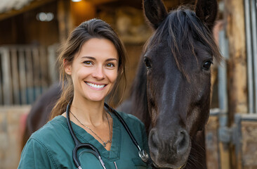 Woman veterinary, horse and medical care outdoor forhealth and wellness in thecountryside. Happy doctor,professional nurse or vet erson with an animal for hlp, touch and healthcare a a ranch