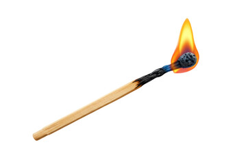 Isolated Burning Matchstick with Flame and Charred Wood, Symbolizing Fire Hazard and Ephemeral Moment, Set Against a White Background