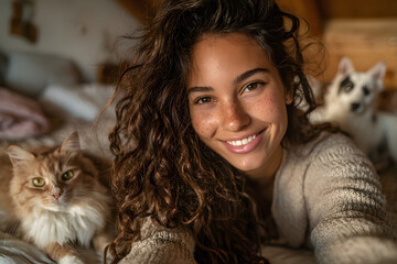 Fototapeta na wymiar UGC selfie of young woman t home with her pets