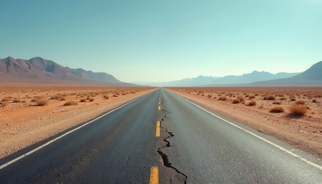 Long, straight road cuts through vast, arid desert landscape under clear blue sky. Dry riverbeds and sparse vegetation dot sides of weathered asphalt. Distant mountains form hazy horizon.