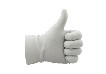 Isolated white textile glove giving thumbs up gesture indicating approval and success on pristine white background