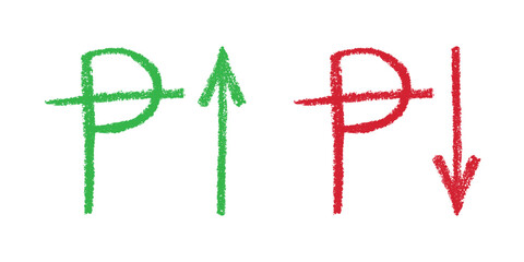 Hand drawn peseta currency symbol Growth and fall profit with arrow up and down Brush stroke doodle Element for design