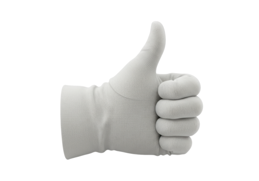 Isolated white textile glove giving thumbs up gesture indicating approval and success on pristine white background