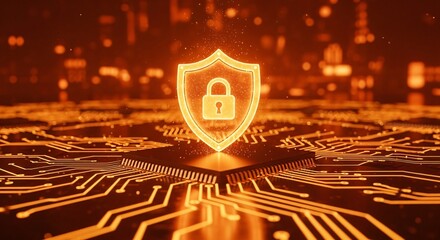 Cybersecurity shield protecting data on vibrant digital circuit