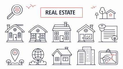 Fototapeta premium Real estate vector illustration with houses, keys, maps, and location pins