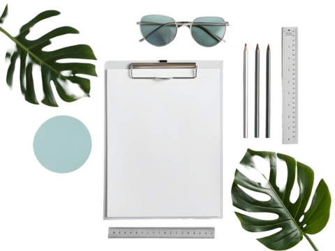 White clipboard silver pencils green leaves light blue circle silver glasses metal ruler isolated on a transparent background