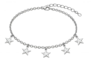 Fototapeta premium Silver chain bracelet displaying five star pendants, resting on clear background, highlighting delicate metallic jewelry design