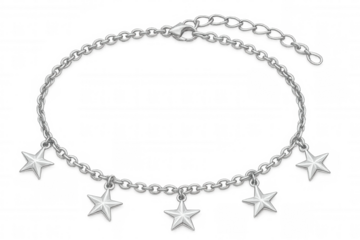 Silver chain bracelet displaying five star pendants, resting on clear background, highlighting delicate metallic jewelry design