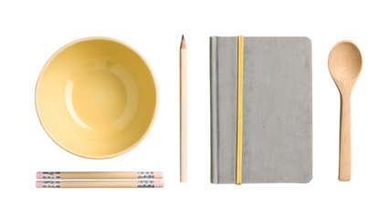 Yellow bowl gray journal wooden spoon chopsticks pencil isolated on a transparent background