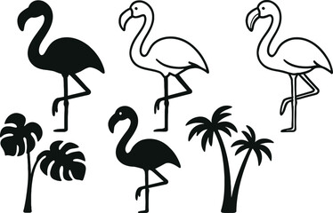 Black and White Flamingo and Tropical Leaf Silhouettes with Palm Trees bird animal