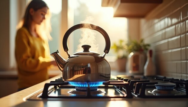 Metal kettle boils on gas stove with visible blue flame, steam. Woman in yellow stands by sunny window in kitchen. Warm home atmosphere suggests preparing hot drinks like tea coffee, morning routine,