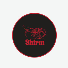 A simple, vintage-style logo featuring a shrimp design in red outline on a black circle with a red border.