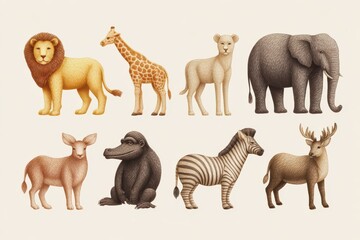 A collection of meticulously drawn African animals, including a lion, giraffe, lioness, elephant, gazelle, gorilla, zebra, and deer, presented in a detailed style.