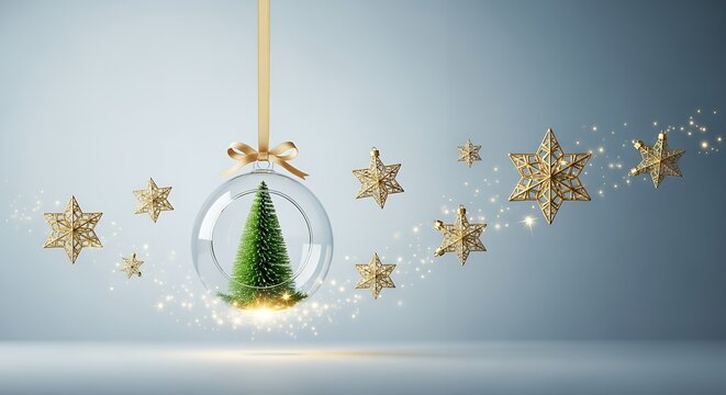 A miniature green Christmas tree encased within a clear glass ornament suspended by a golden ribbon surrounded by glittering golden stars against a soft blue background festive