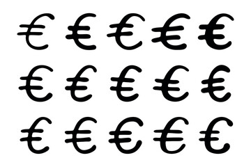 Set of hand drawn euro currency symbol. Brush stroke doodle. Single element for design