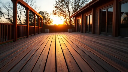 A quiet wooden deck during golden hour, bathed in warm, tranquil dusk lighting.