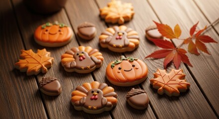 Vibrant thanksgiving cookies with turkey, pumpkin, maple leaf, and acorn shapes on rustic wooden table