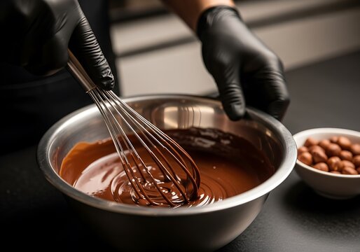 Hands in black gloves whisking melted chocolate