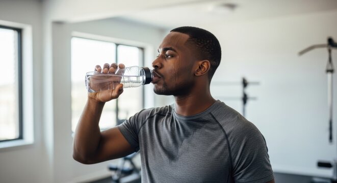 Fit african american man drinking water from bottle after workout in modern gym