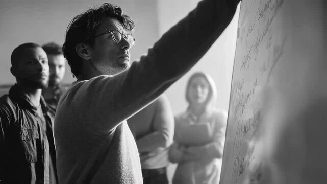 Medium shot of intense startup founder presenting strategy on whiteboard team faded out behind highlighting leadership and vision in young businesses.