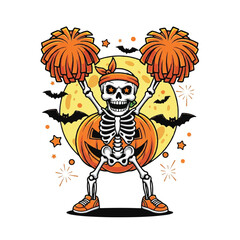 Cheerleader skeleton with pumpkins and bats celebrating Halloween.