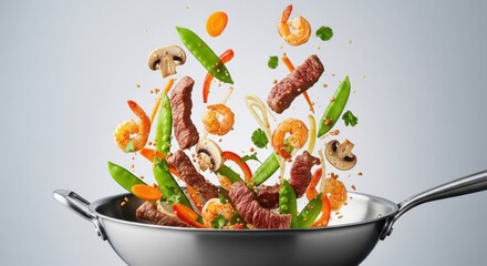 Dynamic beef and shrimp stir fry with fresh vegetables tossed in a stainless steel wok