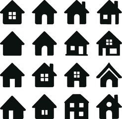 Collection of Sixteen Black House Icons with White Background home symbol