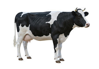 Isolated Majestic Holstein Cow Standing Broadside with Distinctive Black and White Markings on a Plain Backdrop