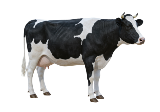 Isolated Majestic Holstein Cow Standing Broadside with Distinctive Black and White Markings on a Plain Backdrop