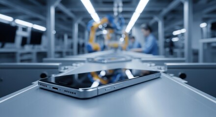 Freshly assembled silver smartphone on conveyor belt in modern electronics factory