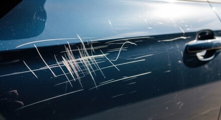 Close up of a dark blue car door with deep white scratches and damage