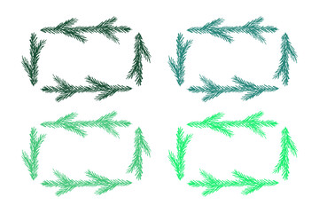 Set of hand drawn Christmas decoration border with spruce branches. Wreath doodle. Christmas, winter and New Year design element