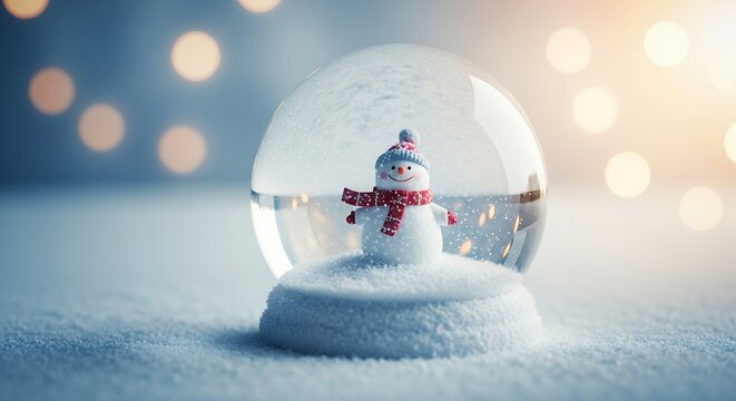 A cute snowman wearing a red scarf and blue hat stands inside a glass snow globe filled with swirling white glitter against a soft focus background of warm bokeh lights Christmas