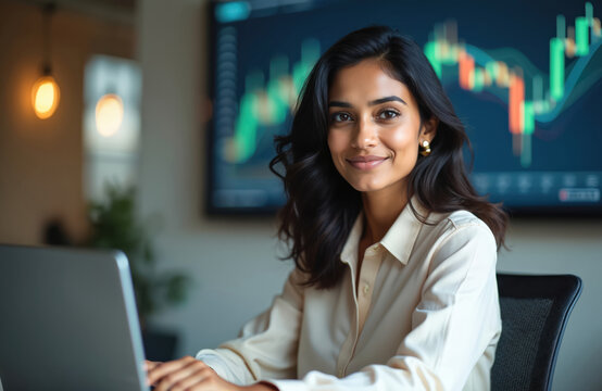 Young Indian businesswoman smiles, working on laptop in office. Background shows financial graph data on screen. Represents diverse workforce, tech innovation, and business success. Focused pro woman.