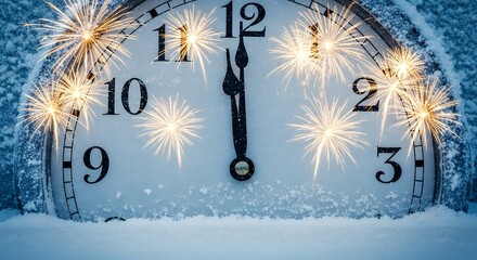 Close up of a vintage clock face covered in snow with bright fireworks exploding around the numbers New Year celebration time midnight winter countdown holiday festive event