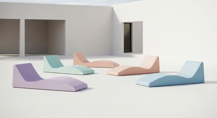 Fototapeta premium Minimalist outdoor lounge chairs in soft pastel colors on a bright architectural terrace