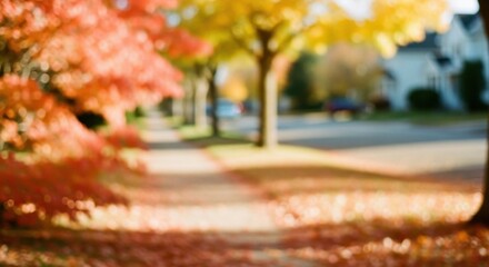 Vibrant blurred autumn foliage on a sunny suburban street with colorful trees and sidewalk