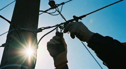 Utility worker gloved hands connecting electrical wires on a power pole against a bright sun