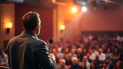 Speaker on stage with blurred audience, warm spotlight highlighting professional event lighting.