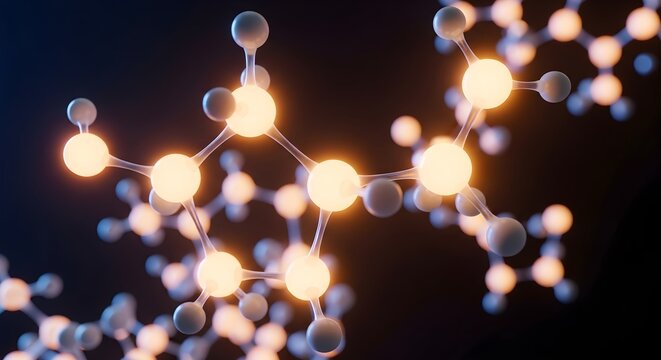 Molecular structure visualization with glowing atoms connected by bonds on a dark background, representing scientific concepts. - Powered by Adobe