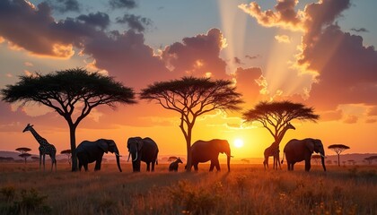 African savanna sunset scene features elephants, giraffes grazing under acacia trees. Dramatic sky with sunbeams, clouds. Warm golden hour light creates silhouettes of wildlife in vast landscape.