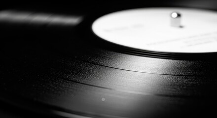 Close up view of black vinyl record grooves with white label in background