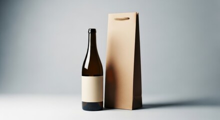 Dark amber wine bottle with blank label next to a plain brown gift bag in studio