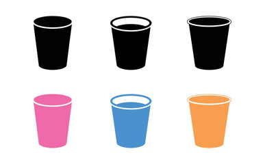 Colorful and black disposable cups set on white background in a simple art style