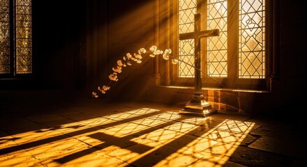 Dramatic golden light on a metal cross with delicate flowers in a sacred church interior