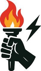 Hand Holding a Flaming Torch with Lightning Bolt Symbol flame fire