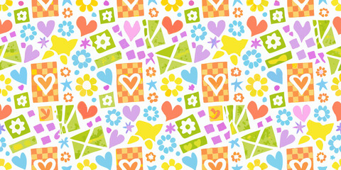 Cheerful Pattern of Hearts Flowers and Geometric Shapes in Bright Colors vector illustration