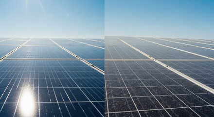 Clean and dirty solar panels contrasting energy efficiency under bright blue sky