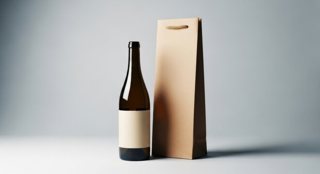 Dark amber wine bottle with blank label next to a plain brown gift bag in studio