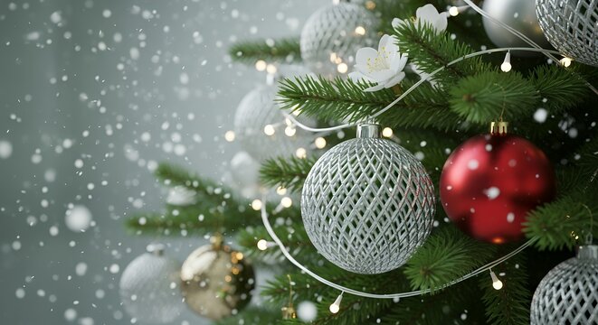 Close up of a decorated Christmas tree with red silver and gold ornaments and fairy lights while snowflakes gently fall decoration holiday winter festive celebration new year